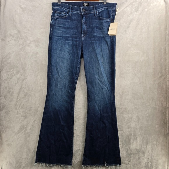 MOTHER The Weekender Fray Jeans Denim Mint Dark Wash Flare Size 33 NEW
